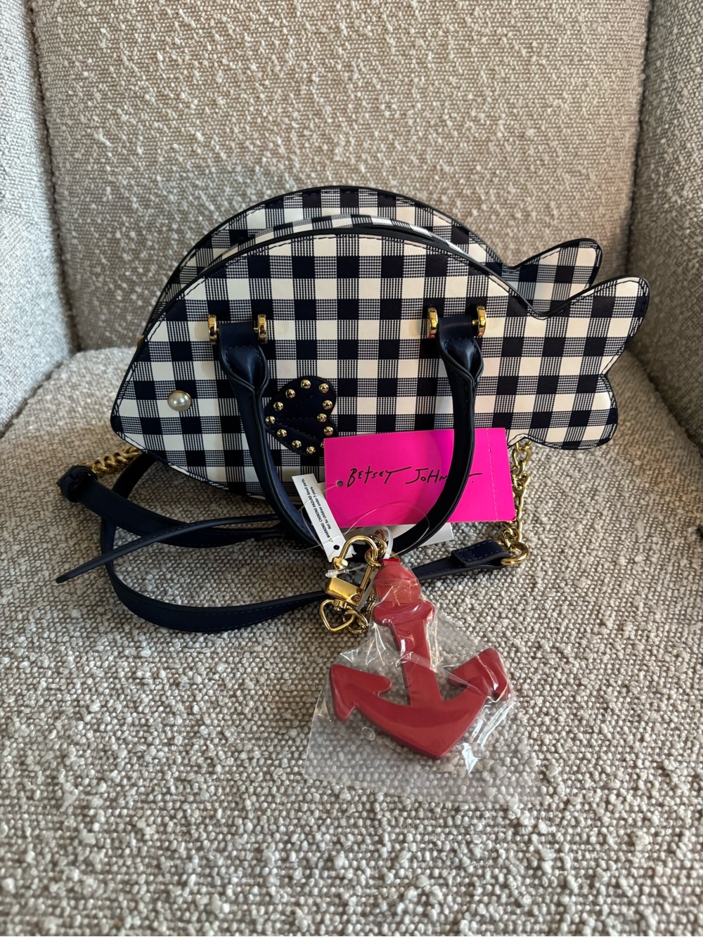 Betsey Johnson Black & White Gingham Fish Crossbody with Red Anchor Charm